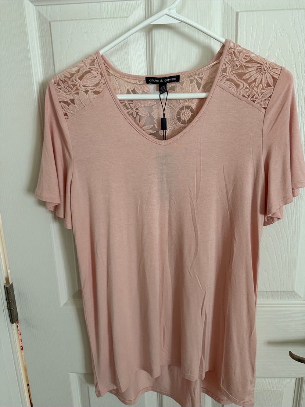Cable & Gauge Dusty Rose Lace-Shoulder V-Neck Short Sleeve Top